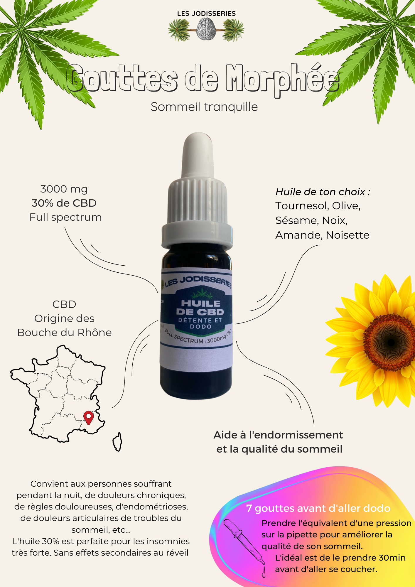 Gouttes de Morphée - Huile de CBD 30% - Anxiété, Douleur et Dodo - 15 ml
