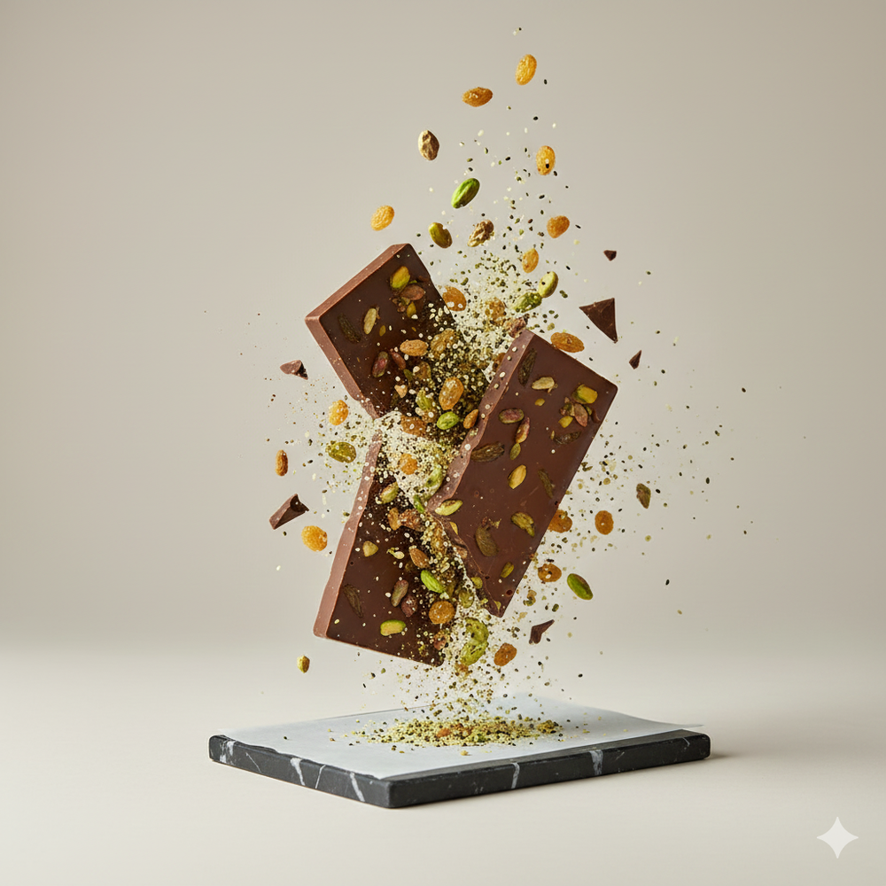 Tablette : chocolat au lait - pistache - raisin jaune - beurre de cacao CBD