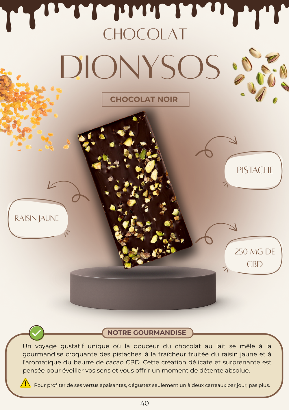 Tablette : chocolat au lait - pistache - raisin jaune - beurre de cacao CBD