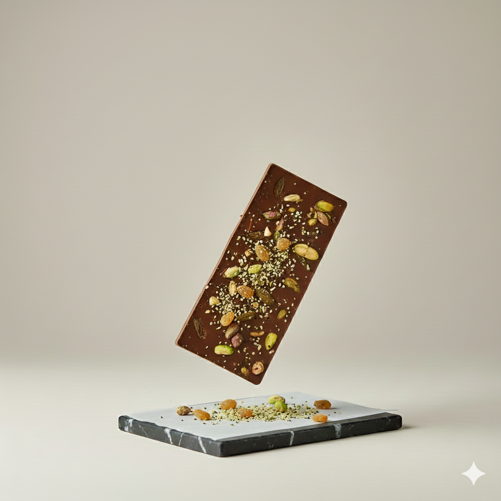 Tablette : chocolat au lait - pistache - raisin jaune - beurre de cacao CBD